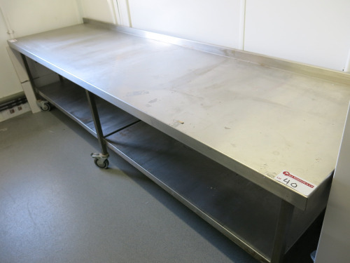 Mobile Stainless Steel Prep Table with Shelf Under & Splashback. Size H70 x W270 x D75cm.