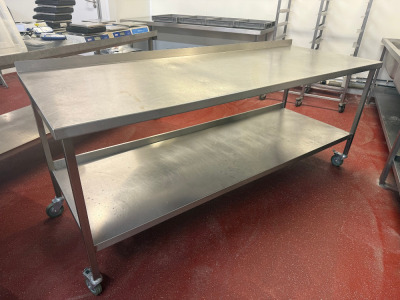 Stainless Steel Mobile Prep Table with Shelf Under. Size H87 x W210 x D78cm.