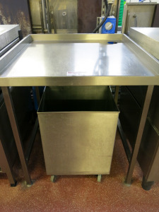 Stainless Steel Infill Prep Table with Shelf Under & Splashback, Comes with Mobile Stainless Steel Bin. Size of Table H89cm x W80cm x D80cm. Size of Bin H66cm x W46cm x D36cm.