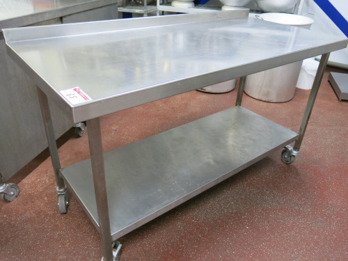 Mobile Stainless Steel Prep Table with Shelf Under & Splashback. Size H88cm x W150cm x D70cm.