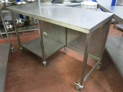 Mobile Stainless Steel Prep Table with Back Panel & Half Shelf. Size H90cm x W150cm x D65cm.