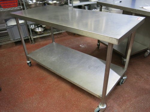 Mobile Stainless Steel Prep Table with Shelf Under. Size H90cm x W150cm x D65cm.