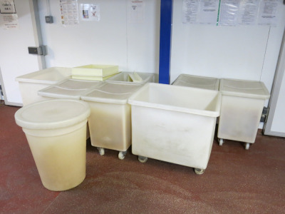 9 x Assorted Mobile Ingredient Bins in Assorted Sizes with Lids & Sieves (As Viewed).