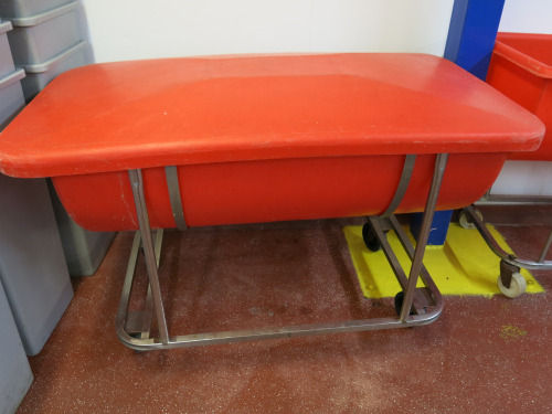 Hard Plastic Mobile Food Ingredient Bin in Red, with Lid. Size W120 x D70cm.