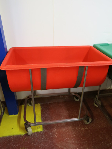 Hard Plastic Mobile Food Ingredient Bin in Red. Size W100 x D55cm.