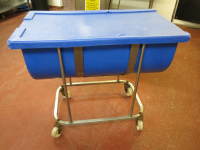 Hard Plastic Mobile Food Ingredient Bin in Blue, with Lid. Size W100 x D55cm.