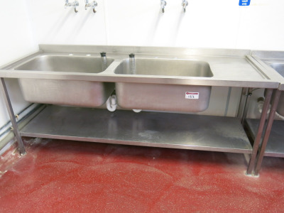 Stainless Steel Double Deep Sink Unit with Right Hand Drainer & 2 x Food Waste Strainers. Size H56 x W210 x D74cm.