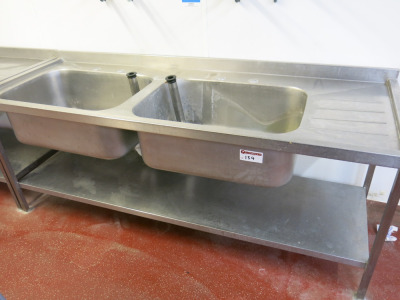 Stainless Steel Double Deep Sink Unit with Right Hand Drainer & 2 x Food Waste Strainers. Size H56 x W210 x D74cm.