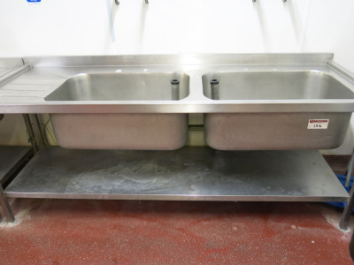 Stainless Steel Double Deep Sink Unit with Left Hand Drainer & 2 x Food Waste Strainers. Size H56 x W210 x D74cm.