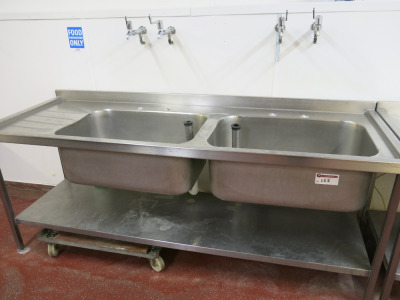 Stainless Steel Double Deep Sink Unit with Left Hand Drainer & 2 x Food Waste Strainers. Size H56 x W210 x D74cm.