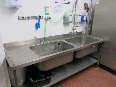 Stainless Steel Double Deep Sink Unit with Left Hand Drainer, Pre Rinse, 2 x Taps & 2 x Food Waste Strainers. Size H56 x W210 x D74cm.