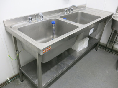 Franke Stainless Steel Double Sink Unit with Right Hand Drainer & 2 x Food Waste Strainers. Size H88 x W180 x D64cm.