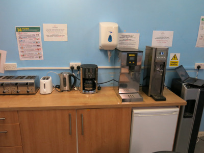 Appliances in Canteen to Include: 2 x Caterlite 4 Slice Toasters, 2 Slice Toaster, Bosch Kettle, Russell Hobbs Coffee Peculator, Buffalo Hot Water Boiler, Royal Catering Hot Water Boiler, Curry's Larder Fridge & Elite Water Dispenser.