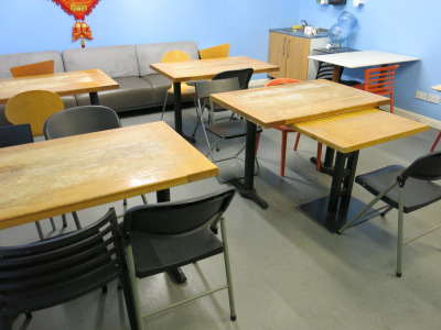 Furniture in Canteen to Include: 5 x Wood Tables, 2 x Marble, 6 x Plastic Chairs, 5 x Folding Chairs, 4x Wood Chairs & Large Faux Leather Seat.