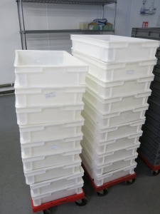19 x Hard Plastic White Stacking Trays. Size H12 x W40 x L60cm.