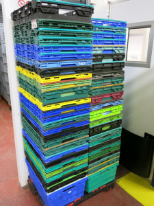 50 x Assorted Depth Hard Plastic Food Stacking Crates. Size 40 x 60cm.