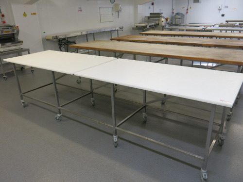 Mobile Stainless Steel Frame & Hard Plastic White Top Workstation in 2 Sections. Size H88 x W343 x D92cm.