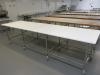 Mobile Stainless Steel Frame & Hard Plastic White Top Workstation in 2 Sections. Size H88 x W343 x D92cm.