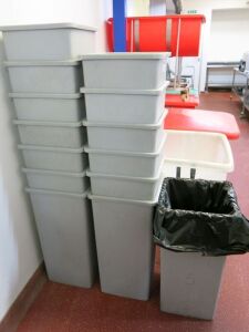 7 x Rubbermaid 3569 Grey Hard Plastic Bins. Size H70 x W37 x D37cm.