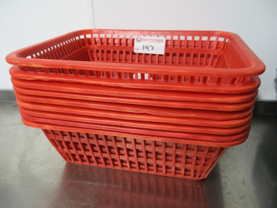 9 x Red Plastic Stacking Baskets. Size H16 x W40 x D50cm.
