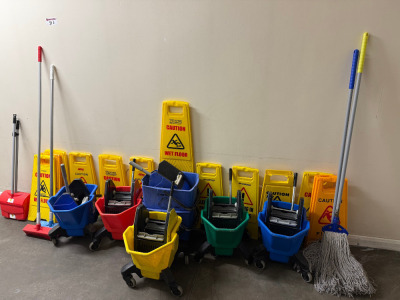 Large Quantity of Assorted Cleaning Equipment to Include 7 x Buckets, 5 x Brooms, 2 x Squeegees, 5 x Mops, 13 x Wet Floor Signs.