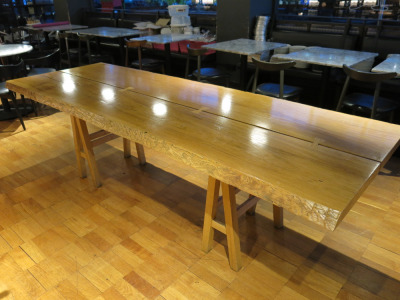 Large Oak 2 Plank Varnished Dining Table on Twin Pedestal. Size H76 x W257 x D90cm.