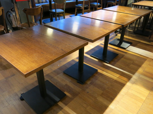 14 x Dark Wood Varnished Dining Tables on Black Metal Base. H75 x 75 x 65cm.