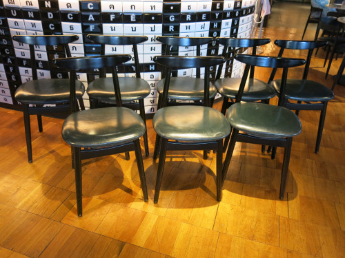 8 x Fameg Dark Wood with Dark Green Leather Padded Seat.