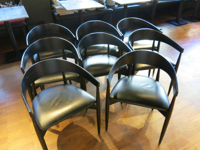 8 x Black Wood & Leather Dining Chairs with Curved Back.