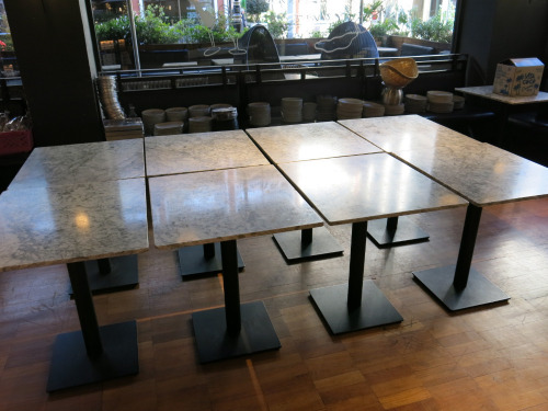 8 x Marble Topped Dining Tables on Black Metal Base. Size H75 x 65 x 75cm.