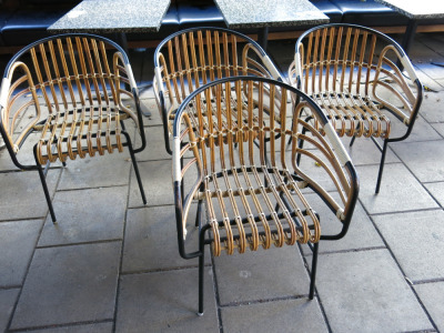4 x Raphia Rattan Bamboo Arm Chairs with Black Metal Frame & Base.