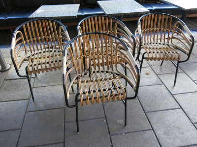 4 x Raphia Rattan Bamboo Arm Chairs with Black Metal Frame & Base.