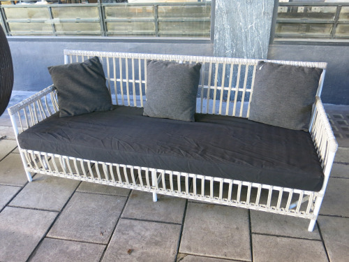 Sika Design Rattan & White Metal Caroline 3 Seater Outdoor Sofa with Black Seat Cushion. Size W200cm.