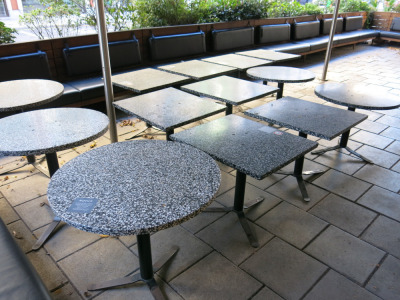 13 x Assorted Size Outdoor Tables on Black Metal Bases to Include: 3 x Round (H73 x Dia80cm), 2 x Round (H63 x Dia 80cm) & 8 x Square (H63 x 75 x 65cm).