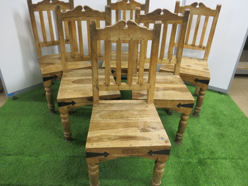 16 x Heavy Wooden Dining Chairs with Metal Banding to Legs.