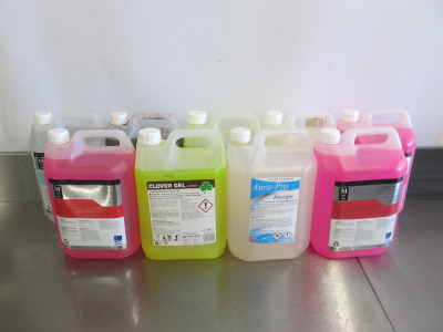 9 x Assorted M&A Hygiene 5 Lt Catering Fluids to Include: 3 x AutoRinse, 1 x Heavy Duty Cleaner Degreaser, 2 x Concentrated Floor Gel, 1 x Beerline Cleaner, 1 x Drin Cleaner & 1 x Aura Pro Alcogel.