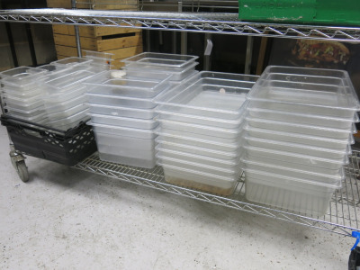 135 x Assorted Sized Cambro GN Containers, Lids & Drain Shelfs to Include: 70 x Assorted Sized Containers, 50 x Assorted Lids & 15 x Assorted Sized Gastronorm Tray Drain Shelfs.