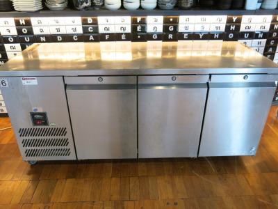 Williams Jade 3 Door Stainless Steel Counter Fridge, Model HJC3SA, S/N 835397. Size H85 x W188 x D72cm.
