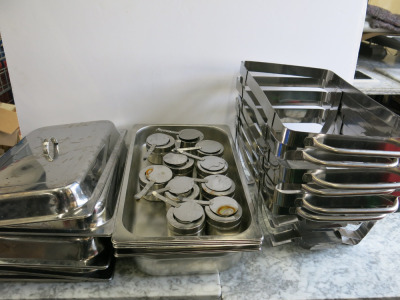 6 x Olympia Chafing GN 1/1 Buffet Service Hot Dish Sets to Include: 6 x Lids, 6 x Containers, 6 x Stands & 10 x Burners.