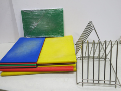 10 x Assorted Sized Chopping Boards & 2 x Metal Chopping Board Holders.
