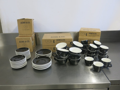 Quantity of Boxed New & Used Acme & Co Coffee Cups & Saucers to Include: 24 x Cappuccino Cups & 26 Saucers, 33 x Demitasse Cups & 16 Saucers in Black & White.