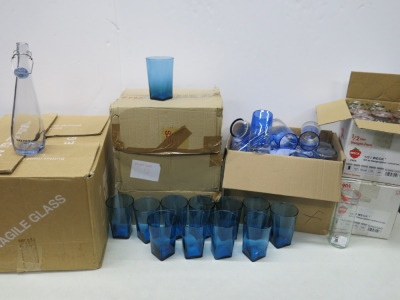 4 x Boxes of Assorted Blue Glass Tumblers, 1 Box of Branded Water Jugs & 2 x Boxes of Weck 600ml Storage Jars.