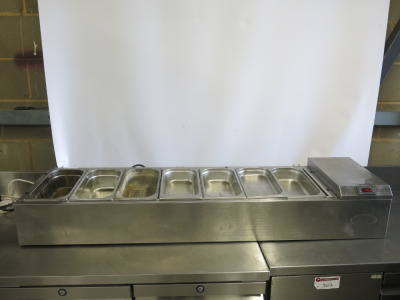 Foster Commercial Countertop Refrigerated Preparation Well, Model PC150/7, S/N 197995101. Size H23 x W150 x D38cm. Comes with 7 x GN 1/3 Containers. NOTE: missing lid.