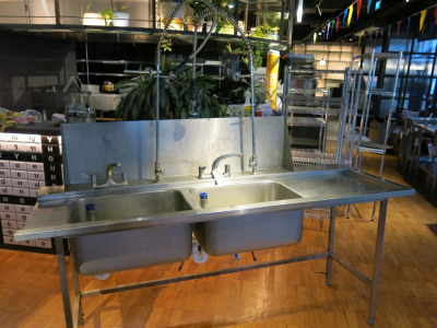 Stainless Steel 2 Bowl Sink with Swan Neck Tap & 2 x Pre Rinse Taps. Size H93 x W215 x D75cm.