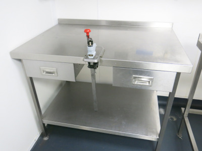 Stainless Steel Work Table with 2 Draws, Shelf Under & Bonzer Can Opener. Size H93 x W115 x D80cm.