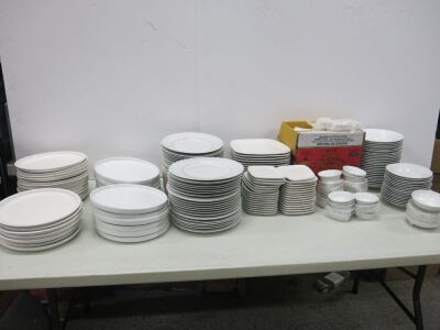 Approx 230 x Assorted White Crockery to Include: 83 x Assorted Style Dining Plates, 80 x Side Plates, 40 x Assorted Size Bowls & 29 x Small Dishes. Crates not Included.