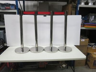 4 x Chrome Crowd Control Barriers with Red Retractable Belts, Size H94cm.