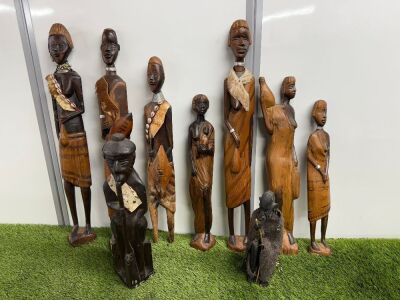 9 x Assorted Size Carved Wooden Figures of Ethopian Nationals. Size Range From H28cm to H70cm.