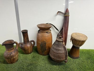 6 x Possibly Original Ethopian Cultural Artifacts to Include: 2 x Water Carriers, 2 x Water Jugs, 1 x Vase & 1 x Hand Drum.