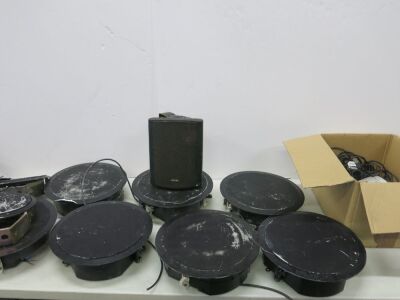 10 x Assorted Speakers & 1 x Dual Active Direct Box to Include: 7x QSC Accoustic Design Ceiling Loud Speakers (5 x AD-C6T-LP & 2 x AD-C42) & 3 x Other & 1 x Pulse Dual Active Direct Box, DIB-2A.